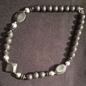 Elegant Vintage Black and Silver Wooden Beaded Necklace  20in Long.